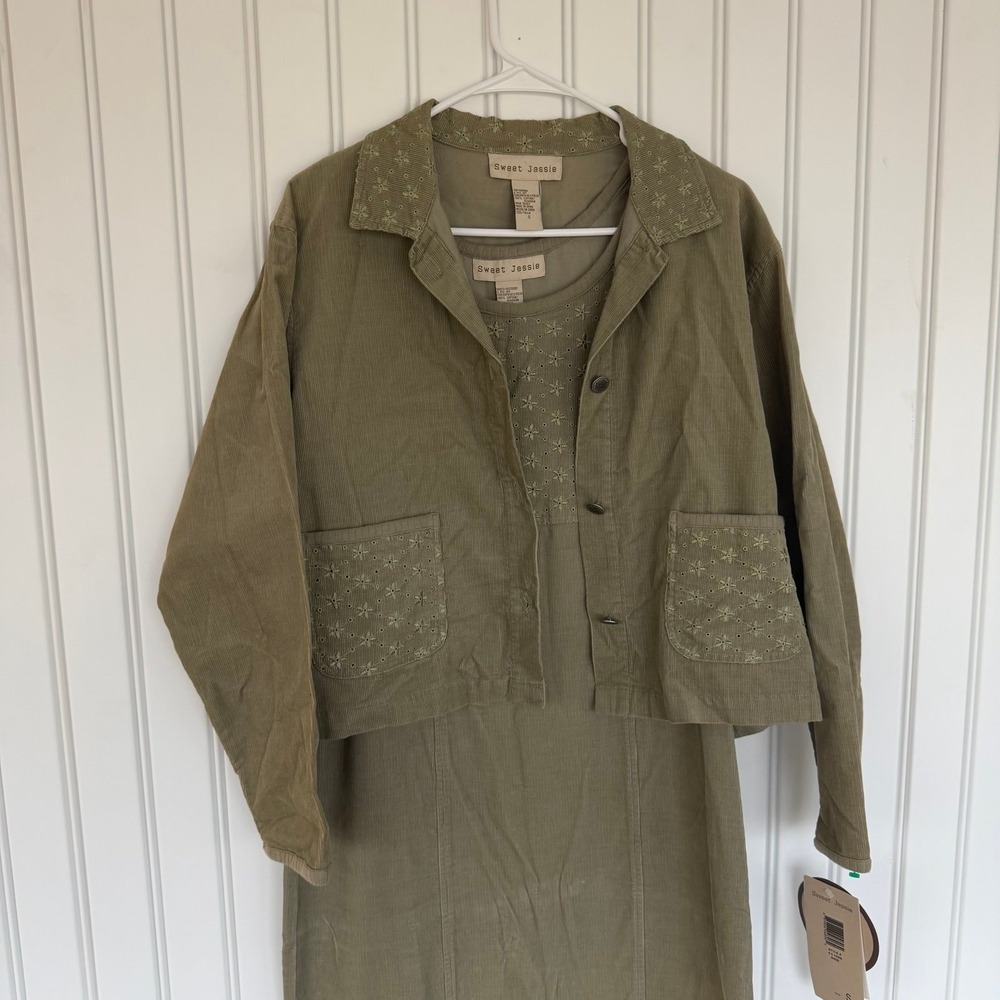 Vintage dress jacket set corduroy embroidered eyelet cotton Grannycore cottage